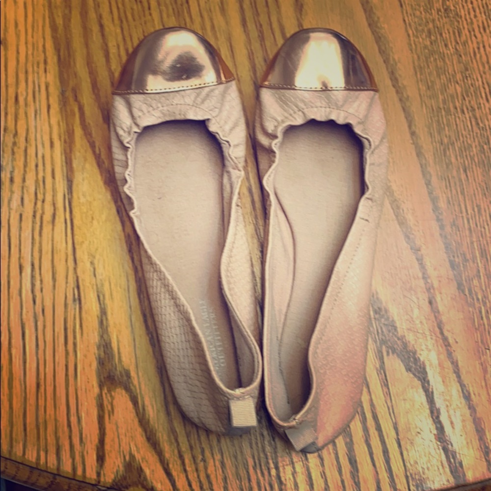 Flats, pink leather material with rose gold toes.